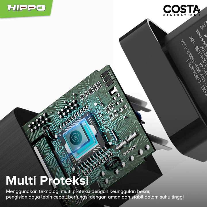 Hippo Adaptor Costa 3 Value Pack(Plus kabel) 2.4A 2 Port SDC USB Adapter Kepala Casan Colokan Charger Charging 6