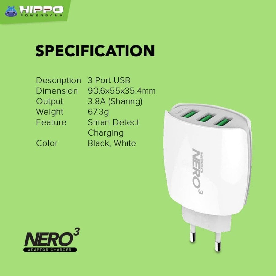 Hippo Adaptor Nero 3 3.8A Quick Fast Charging 3.0 Travel Adapter Kepala Casan Colokan Charger Rumah type C QC  3