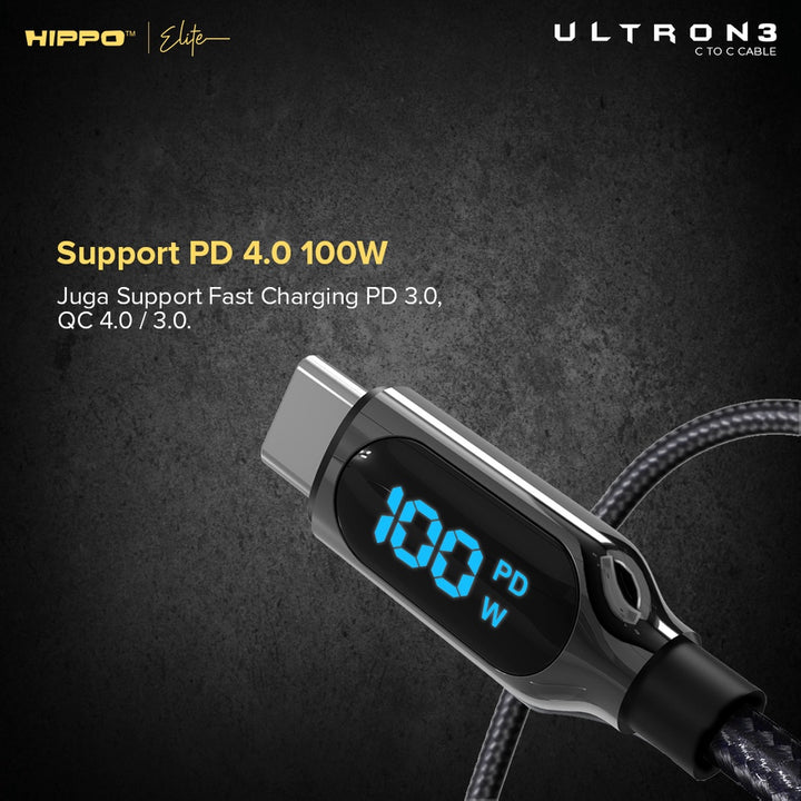 Hippo Kabel Data Super Fast Charging Ultron 3 Type C to Type C 5A 100 W 120 CM Quick Charge 3.0 Quick Charging 9