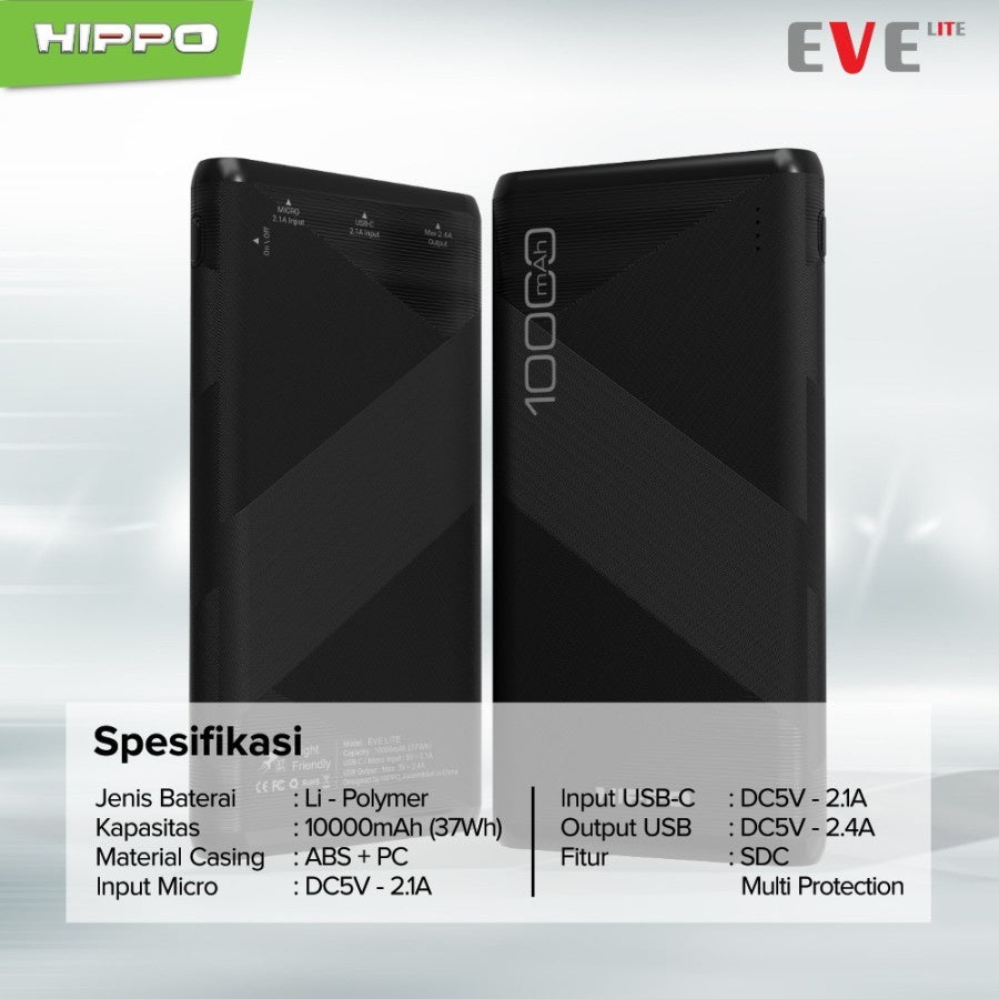 Hippo PowerBank Eve Lite+ 10000mAh Smart Detect Charging Power Bank SDC 2 USB Ports Type C iPhone Micro Output 5