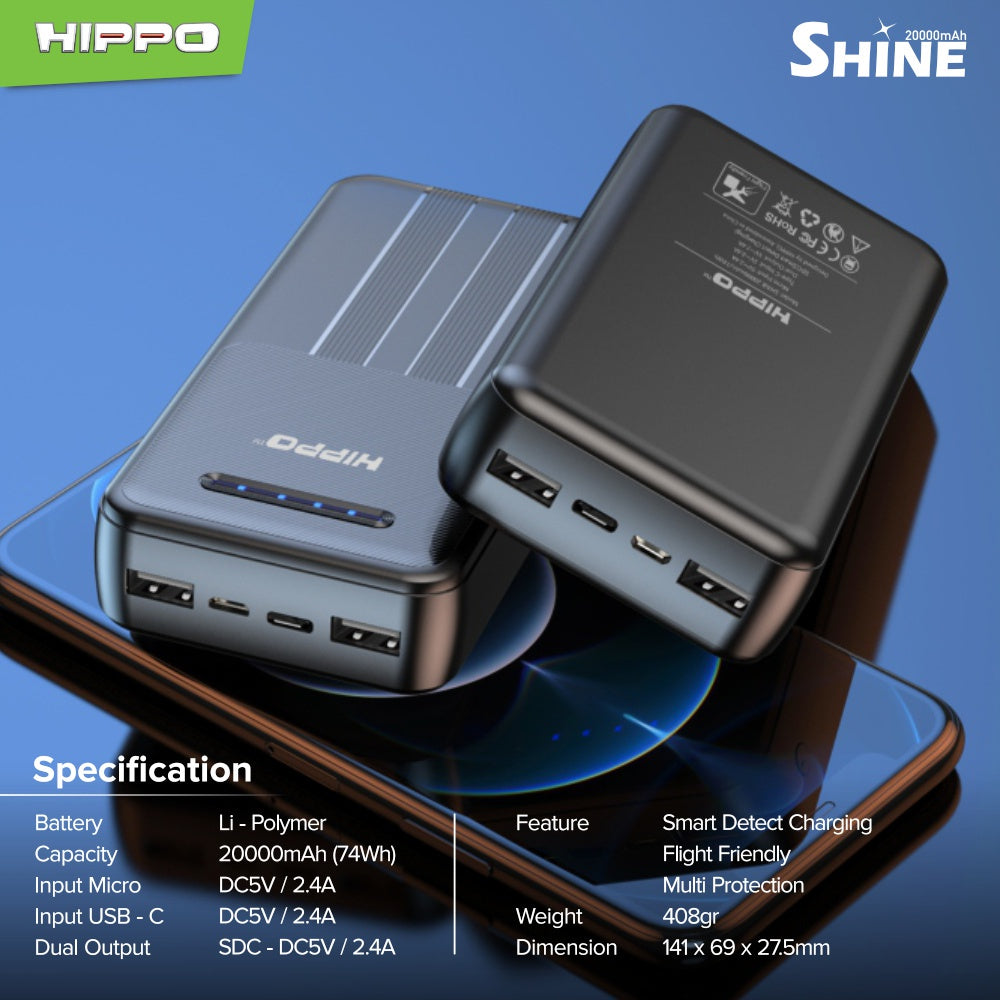 Hippo PowerBank Shine 20000mAh Dual Output Smart Detect Charging Power Bank SDC Type C iPhone Micro 3
