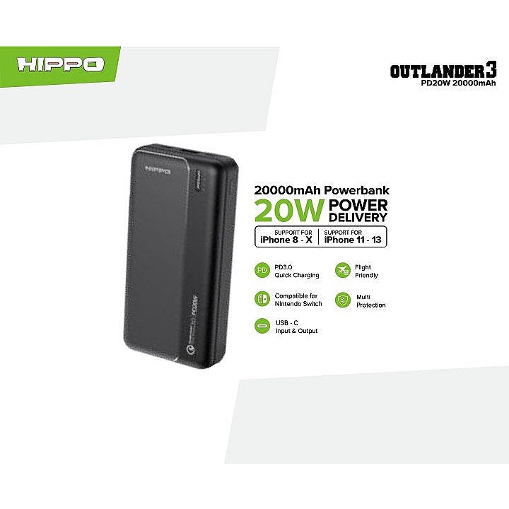 Hippo Outlander PowerBank Fast Charging Quick Charge 3.0 20000Mah USB A+C PD 20W Power Bank Super Fast Chargin 9