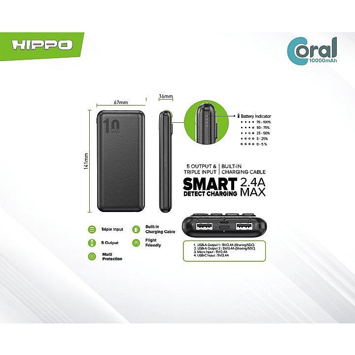 Hippo PowerBank Coral 10000mAh 5 Output Smart Detect Charging Smart Detect Charging Power Bank SDC Type C iPho 6