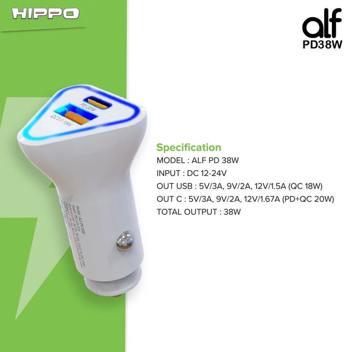 Hippo Car Charger ALF 2 PD 38W Power Delivery Fast Quick Charging 3.0 Casan Colokan Mobil Type C Android Iphon 7