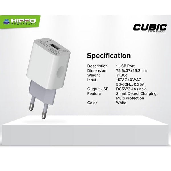 Hippo Adaptor Cubic Gen 2 2.4A SDC USB-A Adapter Kepala Casan Colokan Charger Charging Rumah Travel Dual Port  3