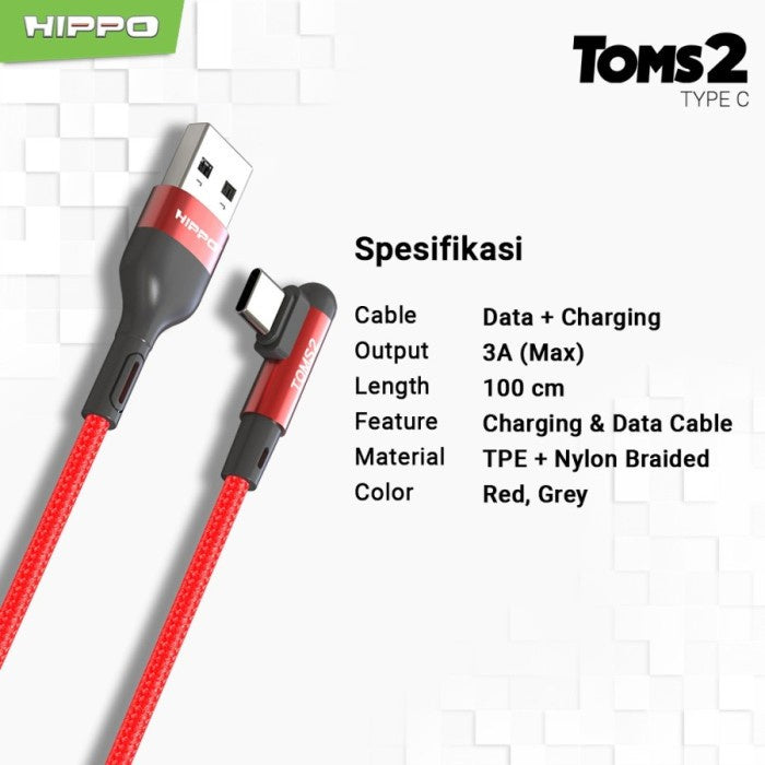 Hippo Kabel Data Gaming Mobile Toms2 USB to TYPE C Fast Charging 3A Cable TYPE C USB Data Colokan L 90 Derajat 7