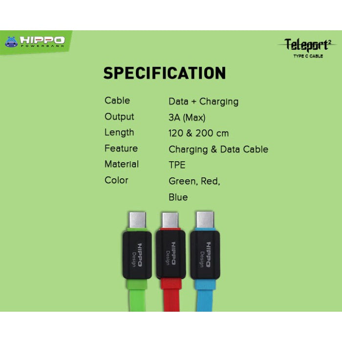 Hippo Kabel Data Teleport 2 USB to TYPE C 2.4A Quick Charge 3.0 Fast Charging Android HP Data Cable 4
