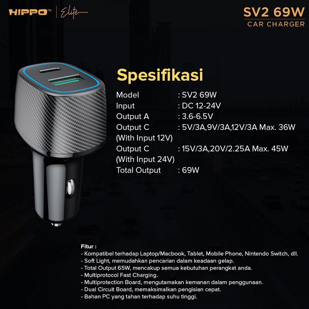 Hippo Car Charger SV 2 PD 69W Power Delivery Fast Quick Charging 3.0 Casan Colokan Mobil Type C Android Iphone 9