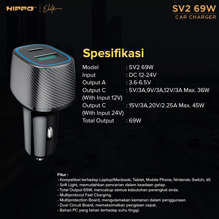 Hippo Car Charger SV 2 PD 69W Power Delivery Fast Quick Charging 3.0 Casan Colokan Mobil Type C Android Iphone 9