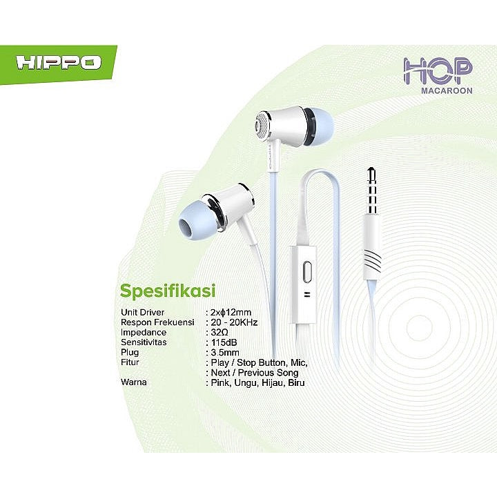 Hippo Earphone Hop Macaroon Super Bass Jack 3.5mm Wired Handsfree Android Original Earbuds Headset 9