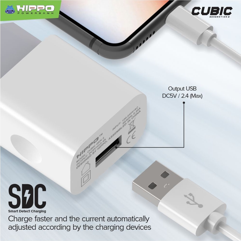 Hippo Adaptor Cubic Gen 2 2.4A SDC USB-A Adapter Kepala Casan Colokan Charger Charging Rumah Travel Dual Port  6