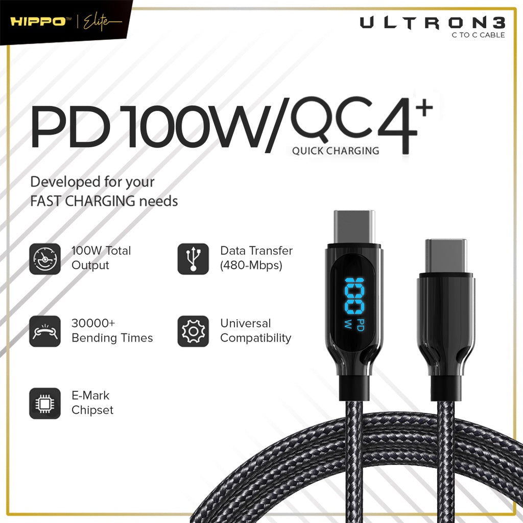 Hippo Kabel Data Super Fast Charging Ultron 3 Type C to Type C 5A 100 W 120 CM Quick Charge 3.0 Quick Charging 2