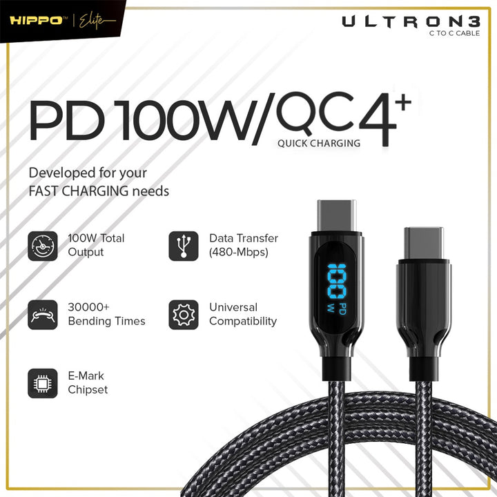 Hippo Kabel Data Super Fast Charging Ultron 3 Type C to Type C 5A 100 W 120 CM Quick Charge 3.0 Quick Charging 2