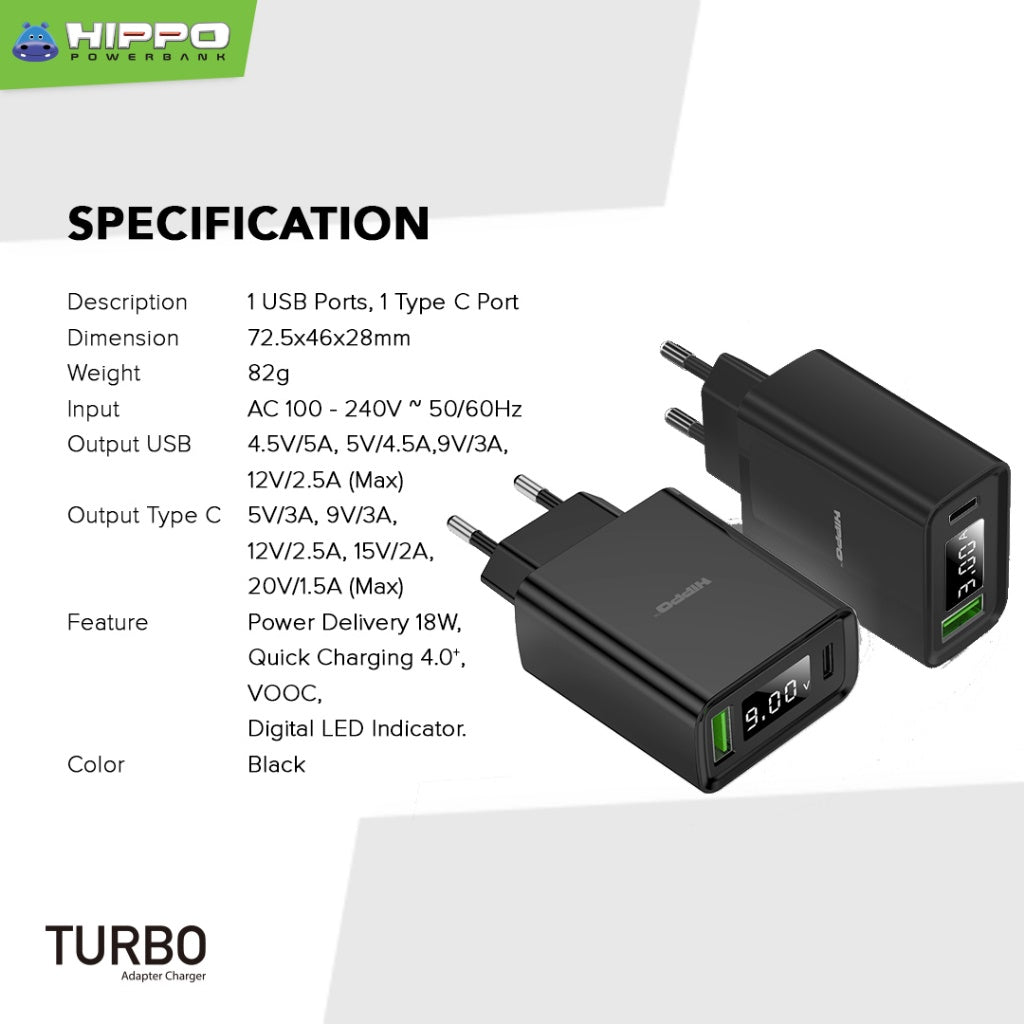 Hippo Turbo Adaptor Charger Quick Charge 4.0 PD 30W VOOC With Digital LED Kepala Charger Casan 3