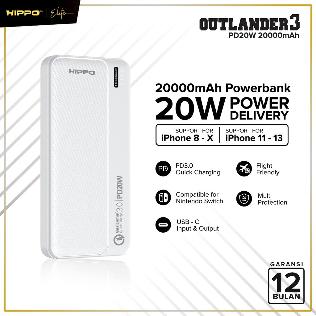 Hippo Outlander PowerBank Fast Charging Quick Charge 3.0 20000Mah USB A+C PD 20W Power Bank Super Fast Charging