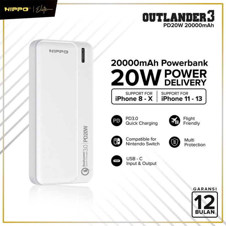 Hippo Outlander PowerBank Fast Charging Quick Charge 3.0 20000Mah USB A+C PD 20W Power Bank Super Fast Charging