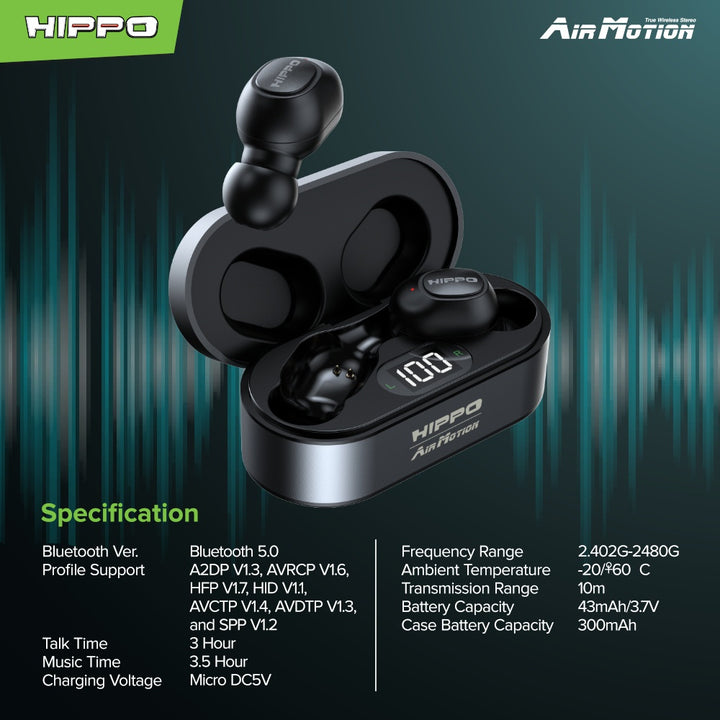 Hippo Airmotion TWS Bluetooth 5.0 Earphone Headset Earbuds True Wireless Stereo Earbud Handsfree 3