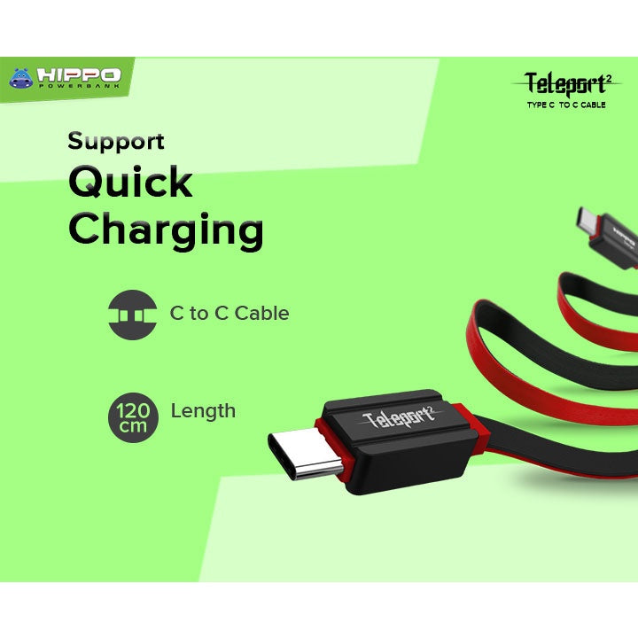 Hippo Kabel Teleport 2 C TO C Fast Charger QC 3.0 Panjang 120cm Max 3A 3
