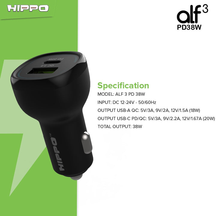 Hippo Car Charger ALF 3 PD 38W Power Delivery Fast Quick Charging 3.0 Casan Colokan Mobil Type C 6