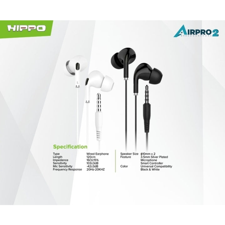Hippo Headset Handsfree Airpro 2 Earbuds Jack 3.5MM Stereo Clear and Powerful Wired Earphone Hands Free Earbud 2