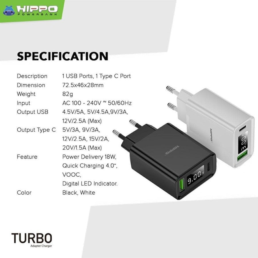 Hippo Turbo Adaptor Charger Quick Charge 4.0 PD 30W VOOC With Digital LED Kepala Charger Casan 8