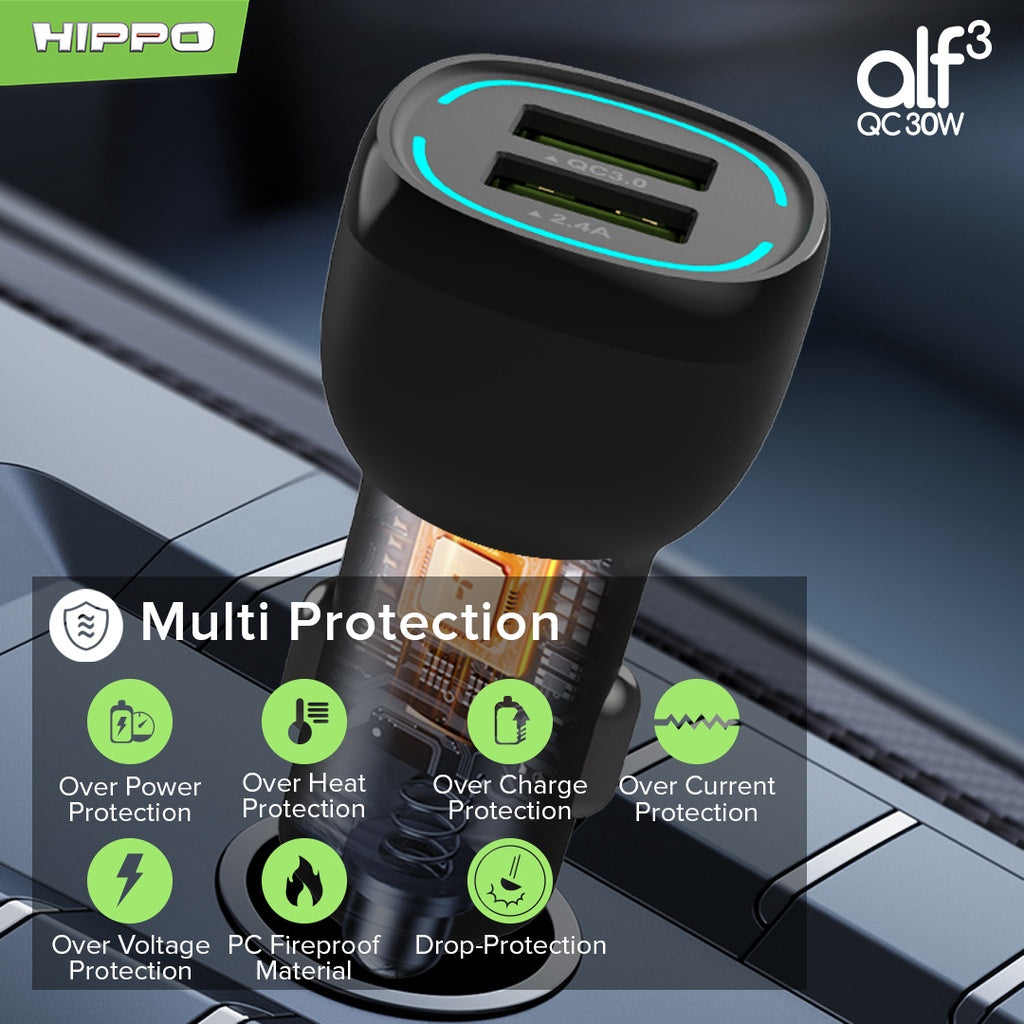 Hippo Car Charger ALF 3 QC 30W QC Fast Quick Charging 3.0 Casan Colokan Mobil Type C Android Iphone Micro Ligh 3