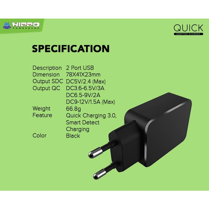Hippo Quick 2 PORT Adapter Fast Charging 3.0 Dual Port Charger 4