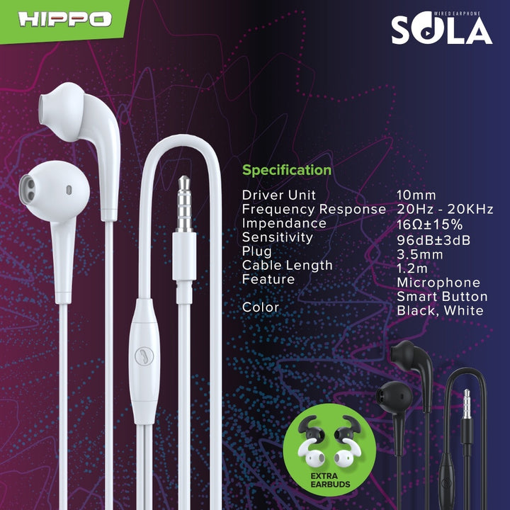 Hippo Handsfree Headset Sola Stereo Wired Earphone &amp; Microphone Universal Compatible 7