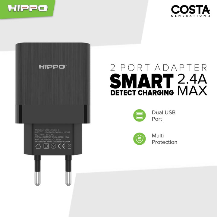 Hippo Adaptor Costa 3 Value Pack(Plus kabel) 2.4A 2 Port SDC USB Adapter Kepala Casan Colokan Charger Charging 2