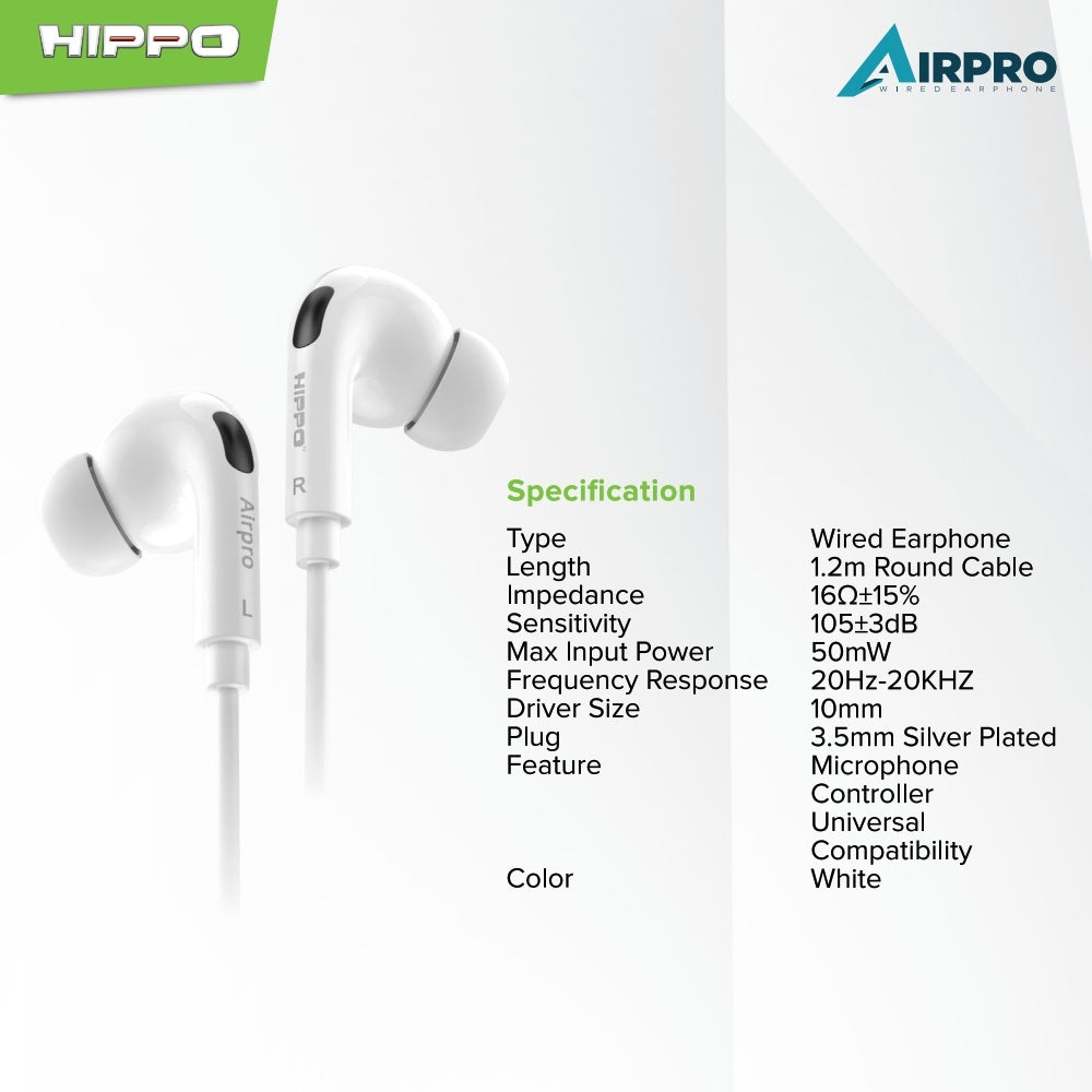 Hippo Headset Handsfree Airpro Earbuds Jack 3.5MM Stereo Clear and Powerful Wired Earphone Hands Free Earbud 3