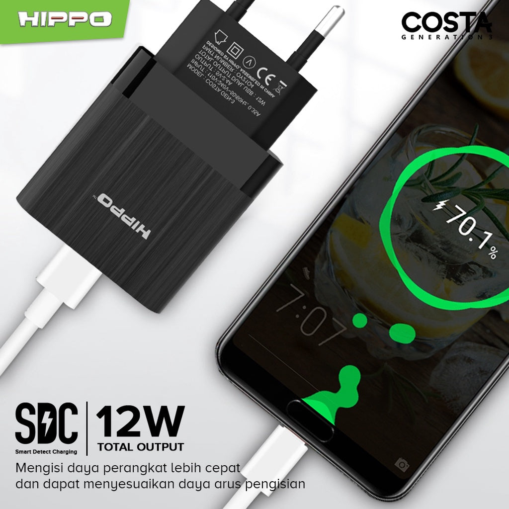 Hippo Adaptor Costa 3 Value Pack(Plus kabel) 2.4A 2 Port SDC USB Adapter Kepala Casan Colokan Charger Charging 7