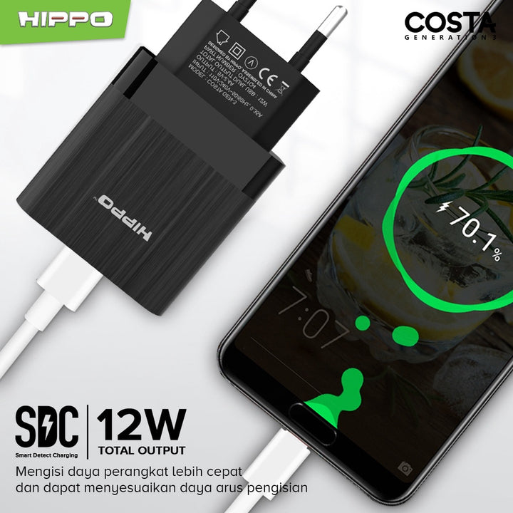 Hippo Adaptor Costa 3 Value Pack(Plus kabel) 2.4A 2 Port SDC USB Adapter Kepala Casan Colokan Charger Charging 7