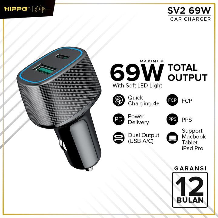 Hippo Car Charger SV 2 PD 69W Power Delivery Fast Quick Charging 3.0 Casan Colokan Mobil Type C Android Iphone Micro Lig