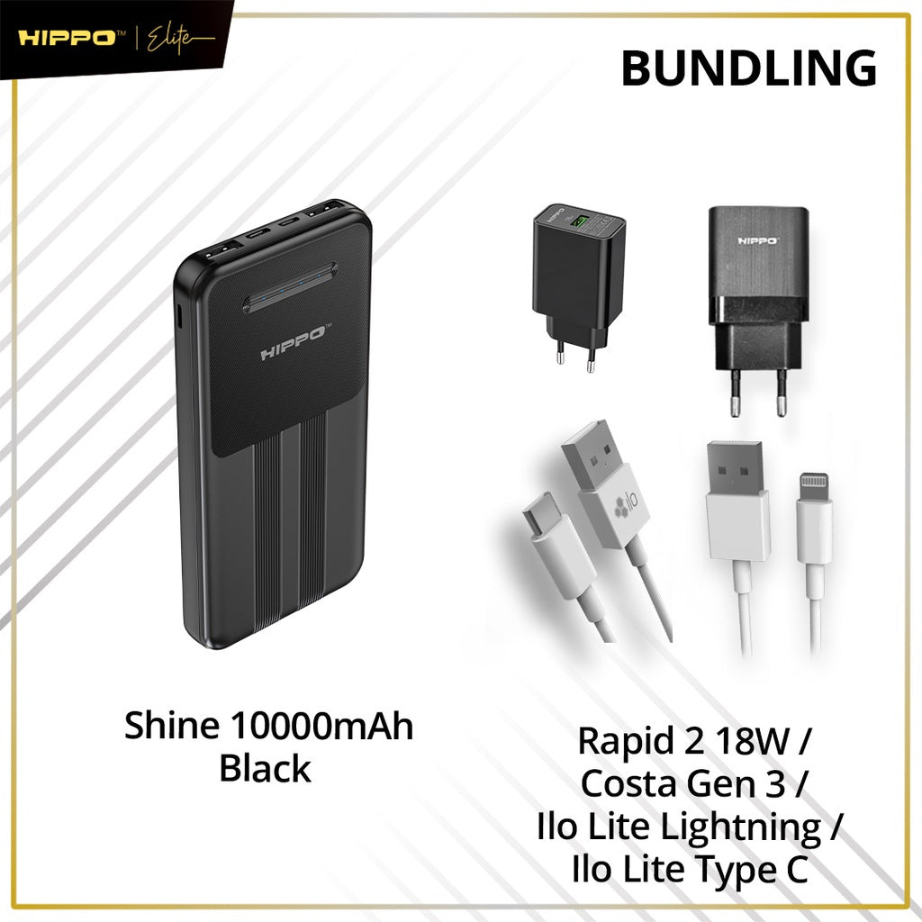 Hippo Bundling Powerbank 10000Mah Shine Smart Detect Charging 2,4A Cable USB Lightning Type Adaptor Kepala Charger Kabel