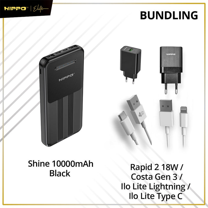 Hippo Bundling Powerbank 10000Mah Shine Smart Detect Charging 2,4A Cable USB Lightning Type Adaptor Kepala Charger Kabel