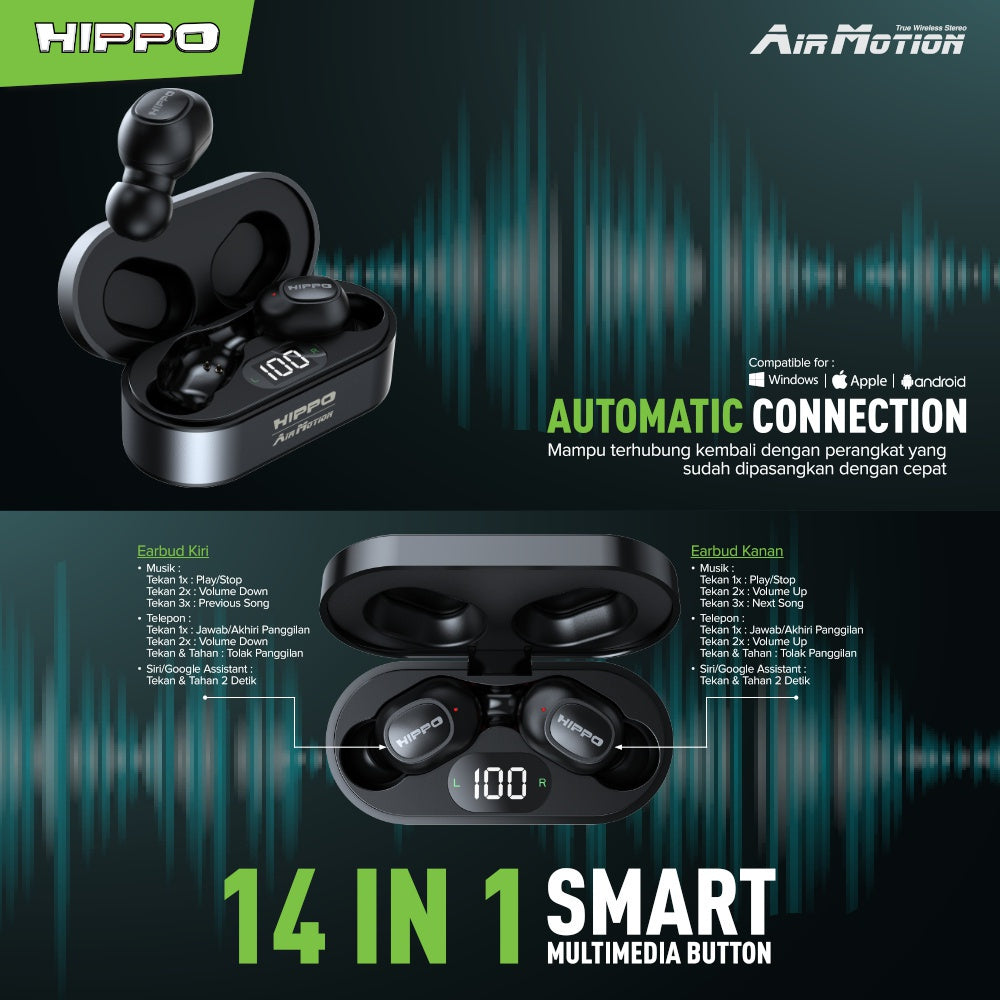 Hippo Airmotion TWS Bluetooth 5.0 Earphone Headset Earbuds True Wireless Stereo Earbud Handsfree 4