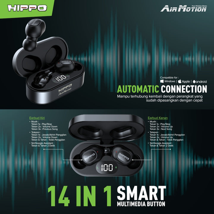 Hippo Airmotion TWS Bluetooth 5.0 Earphone Headset Earbuds True Wireless Stereo Earbud Handsfree 4
