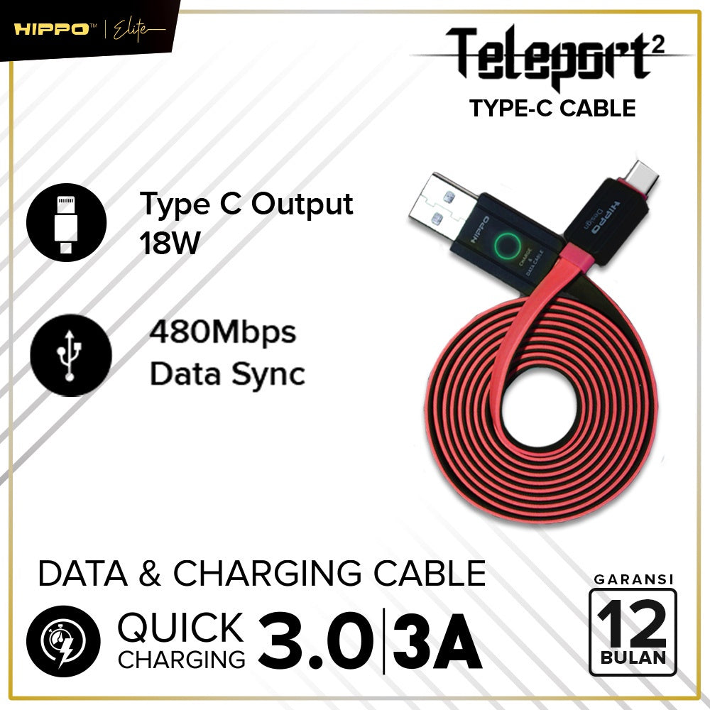 Hippo Kabel Data Teleport 2 USB to TYPE C 2.4A Quick Charge 3.0 Fast Charging Android HP Data Cable 2