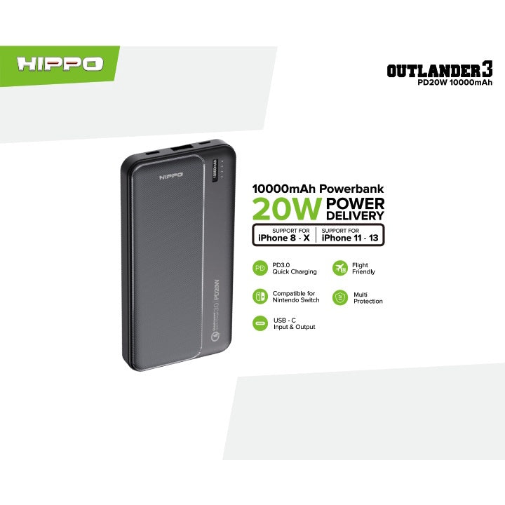 Hippo PowerBank Outlander 3 PD 20W 10000mAh Quick Fast Charging Power Bank Type C Power Delivery QC Dual Port  9