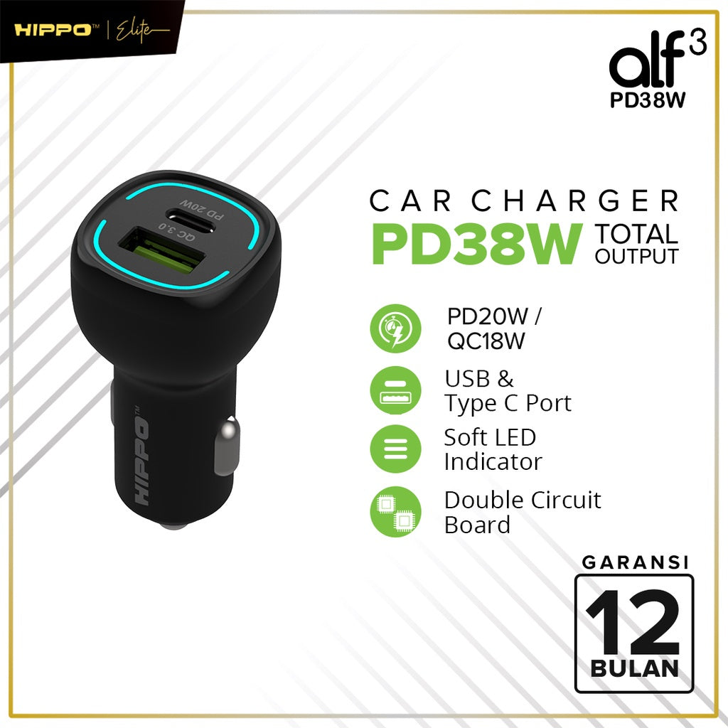 Hippo Car Charger ALF 3 PD 38W Power Delivery Fast Quick Charging 3.0 Casan Colokan Mobil Type C 2