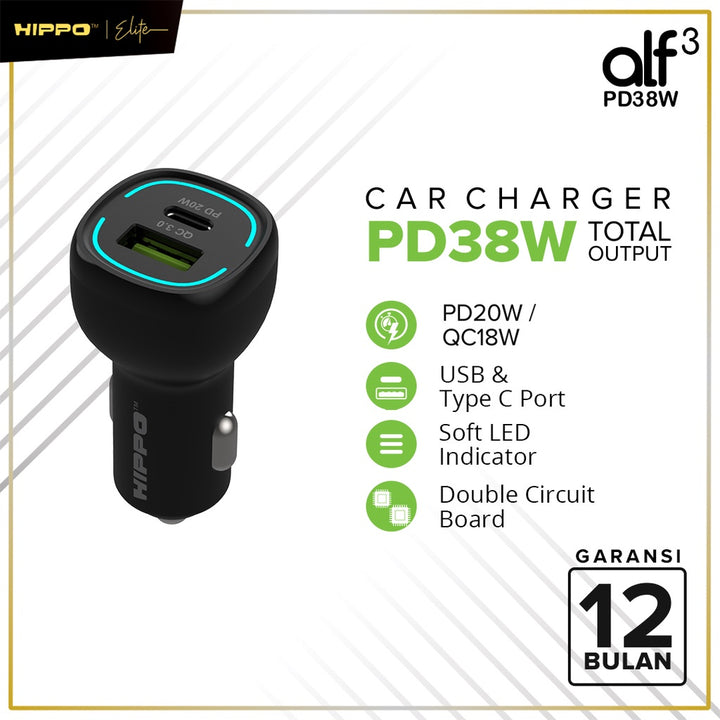 Hippo Car Charger ALF 3 PD 38W Power Delivery Fast Quick Charging 3.0 Casan Colokan Mobil Type C 2
