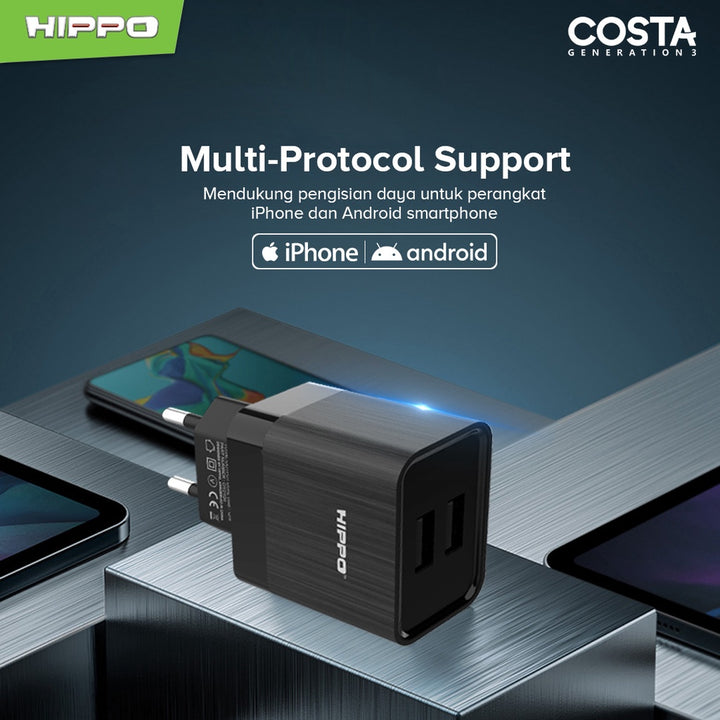 Hippo Adaptor Costa 3 Value Pack(Plus kabel) 2.4A 2 Port SDC USB Adapter Kepala Casan Colokan Charger Charging 8