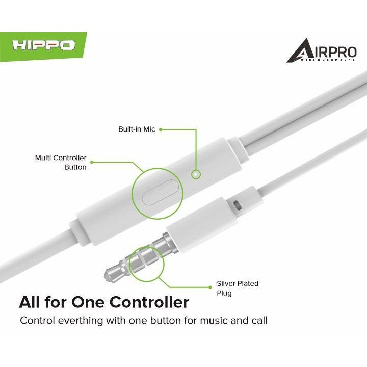 Hippo Headset Handsfree Airpro Earbuds Jack 3.5MM Stereo Clear and Powerful Wired Earphone Hands Free Earbud 6