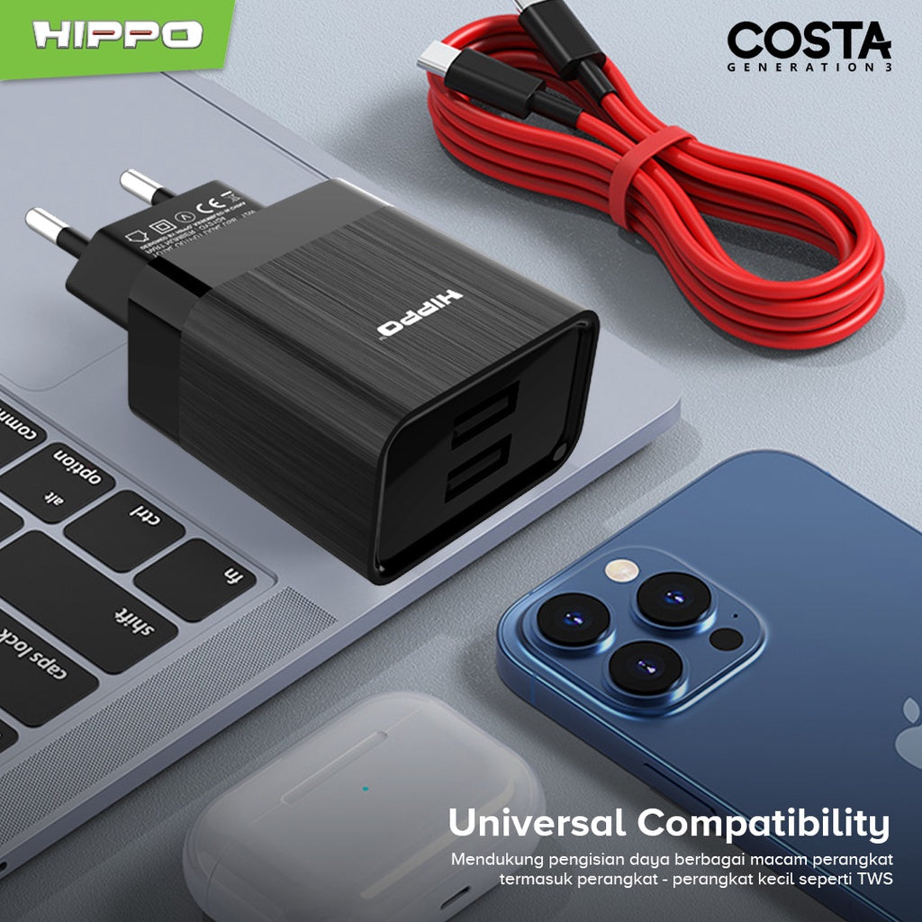 Hippo Adaptor Costa 3 Value Pack(Plus kabel) 2.4A 2 Port SDC USB Adapter Kepala Casan Colokan Charger Charging 3