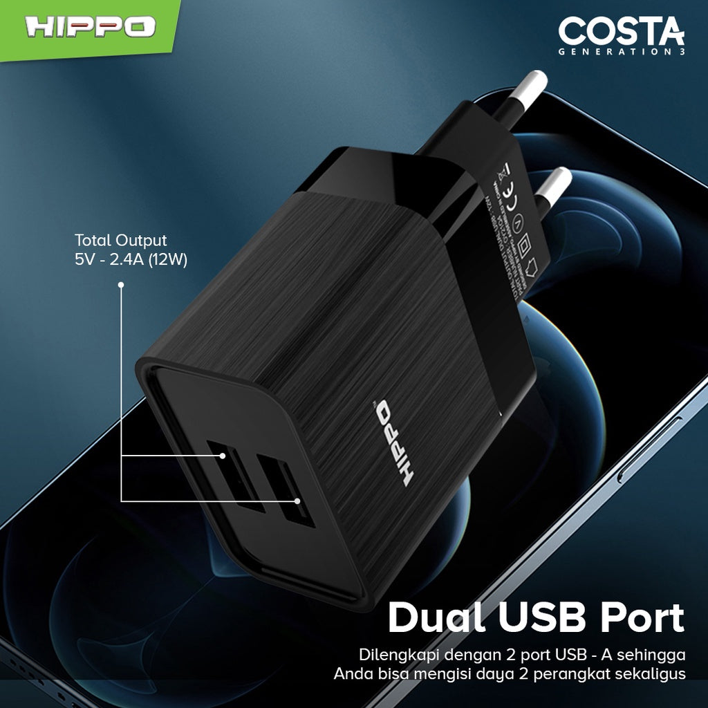 Hippo Adaptor Costa 3 Value Pack(Plus kabel) 2.4A 2 Port SDC USB Adapter Kepala Casan Colokan Charger Charging 4