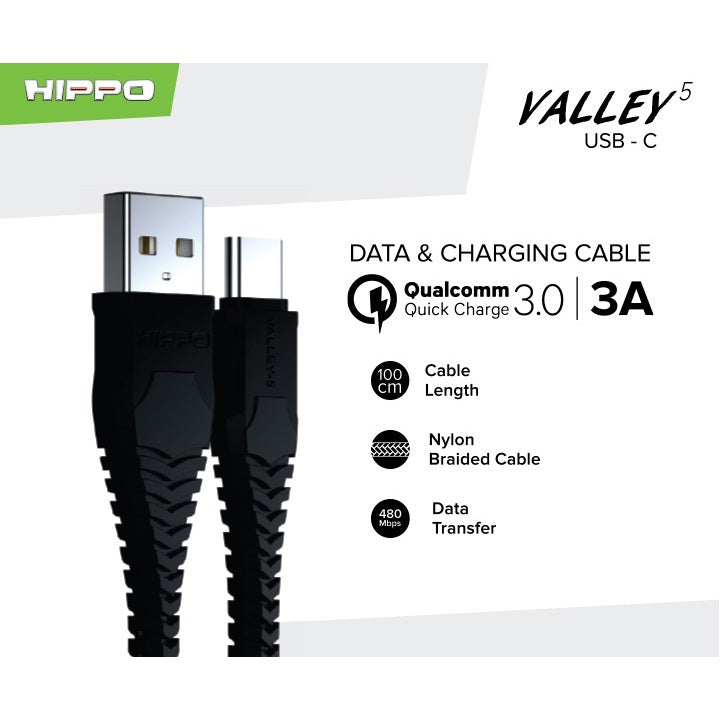 Kable Data Hippo Valley 5 Type C USB 100CM - Quick Charging 3.0 18Watt 2