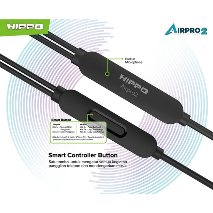 Hippo Headset Handsfree Airpro 2 Earbuds Jack 3.5MM Stereo Clear and Powerful Wired Earphone Hands Free Earbud 5