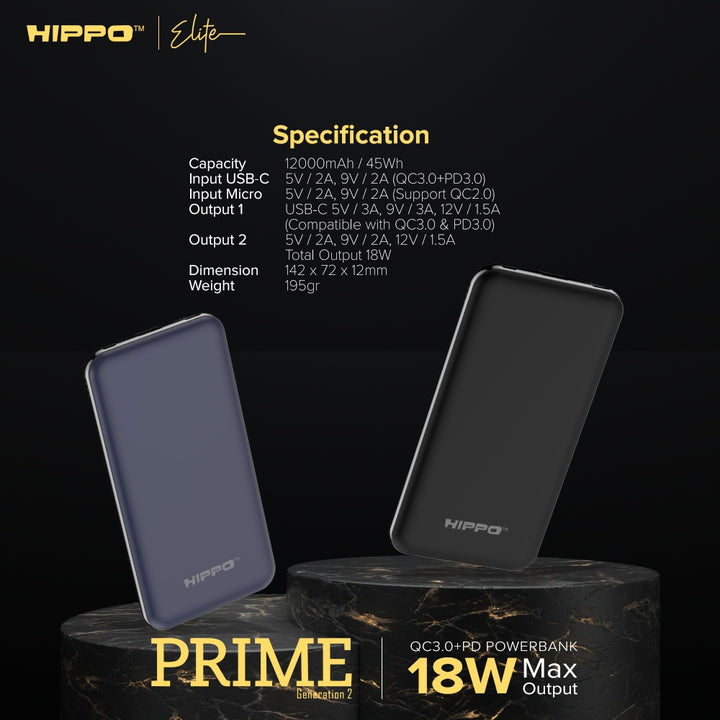 Hippo Elite Power Bank Prime Gen 2 12000 mAh PD 18W Quick Charging 3.0 8