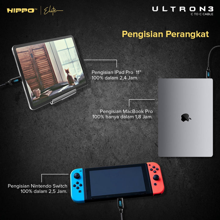 Hippo Kabel Data Super Fast Charging Ultron 3 Type C to Type C 5A 100 W 120 CM Quick Charge 3.0 Quick Charging 5