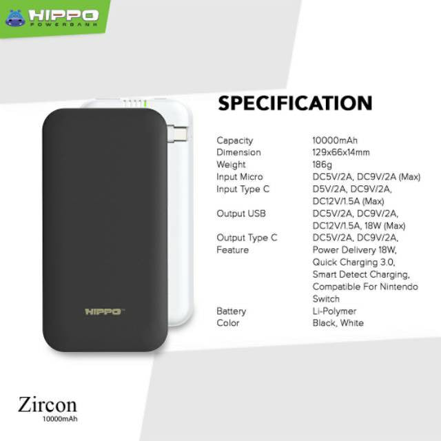 Hippo PowerBank Zircon 10000mAh QC 3.0 + PD 18W Quick Charging Garansi Resmi Power Bank 4